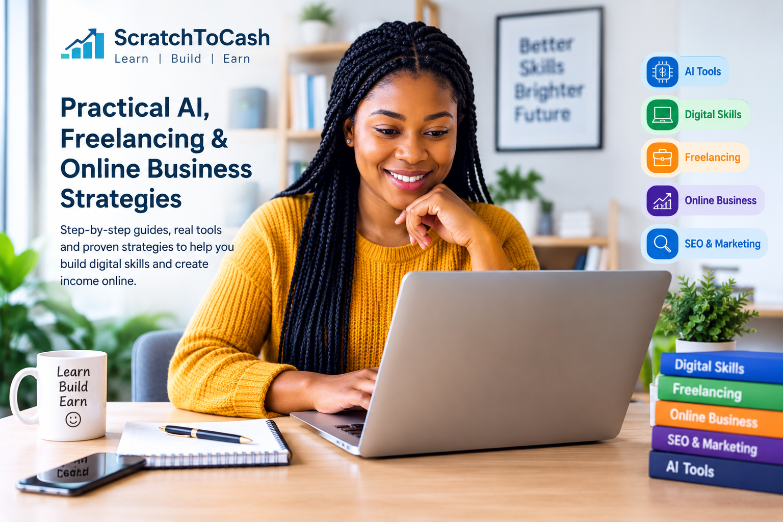 ScratchToCash guide to AI tools, digital skills, freelancing, and online business