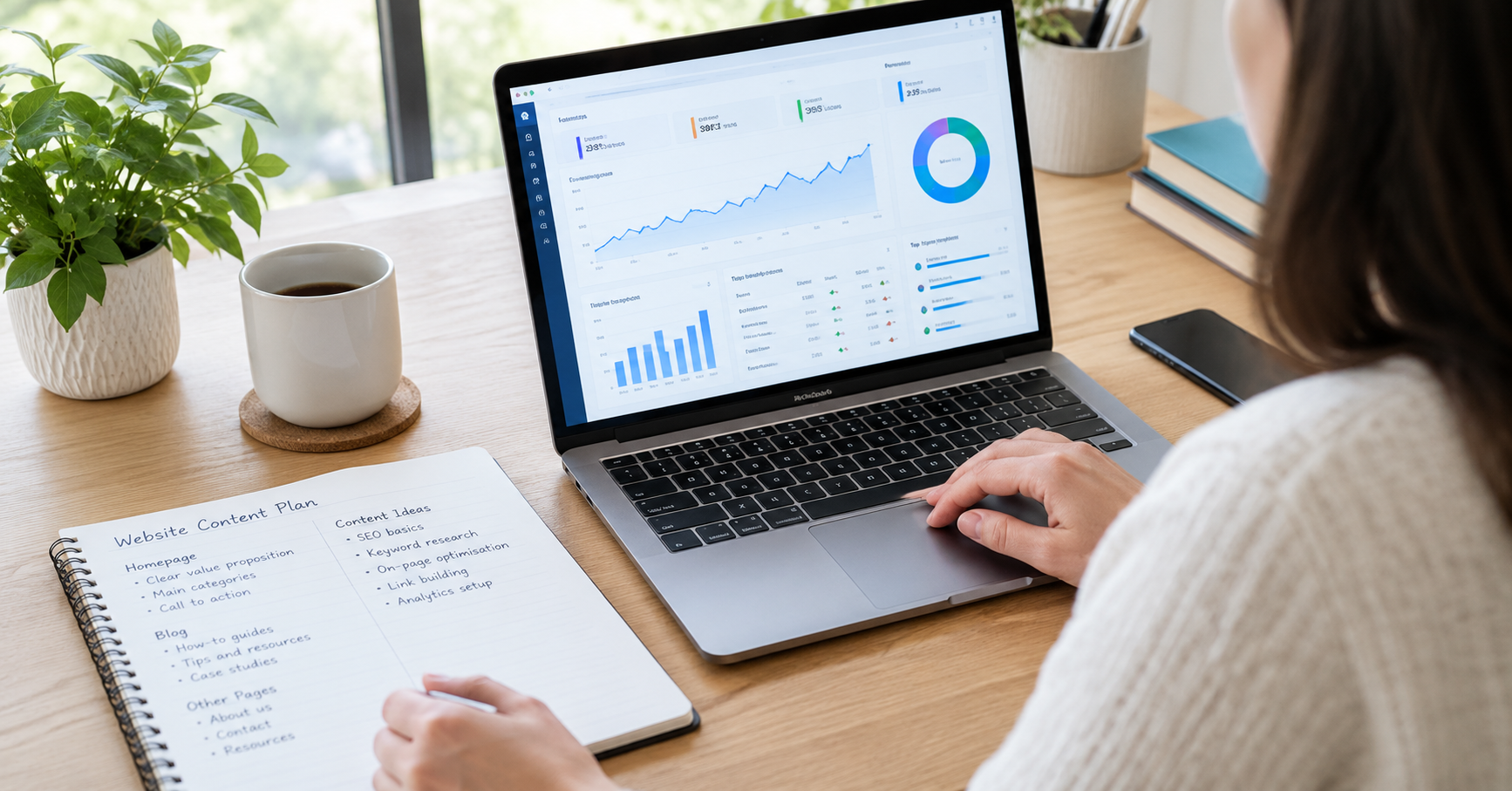 Person reviewing website search performance and content on a laptop